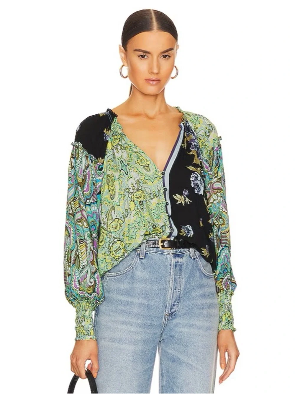 Free People || Gemini‎ Blouse Top Paisley Floral in Dark Knight Combo M NWT